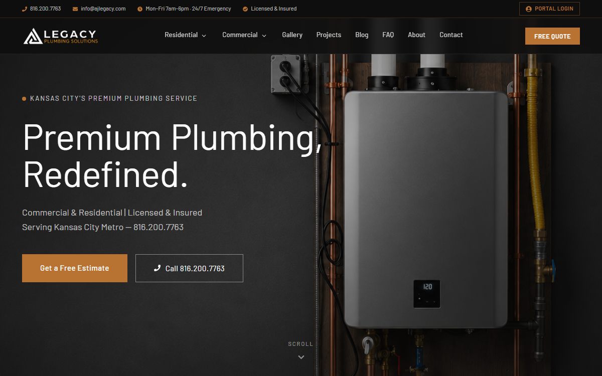 AJ Legacy Plumbing home page — Kansas City residential and commercial plumber