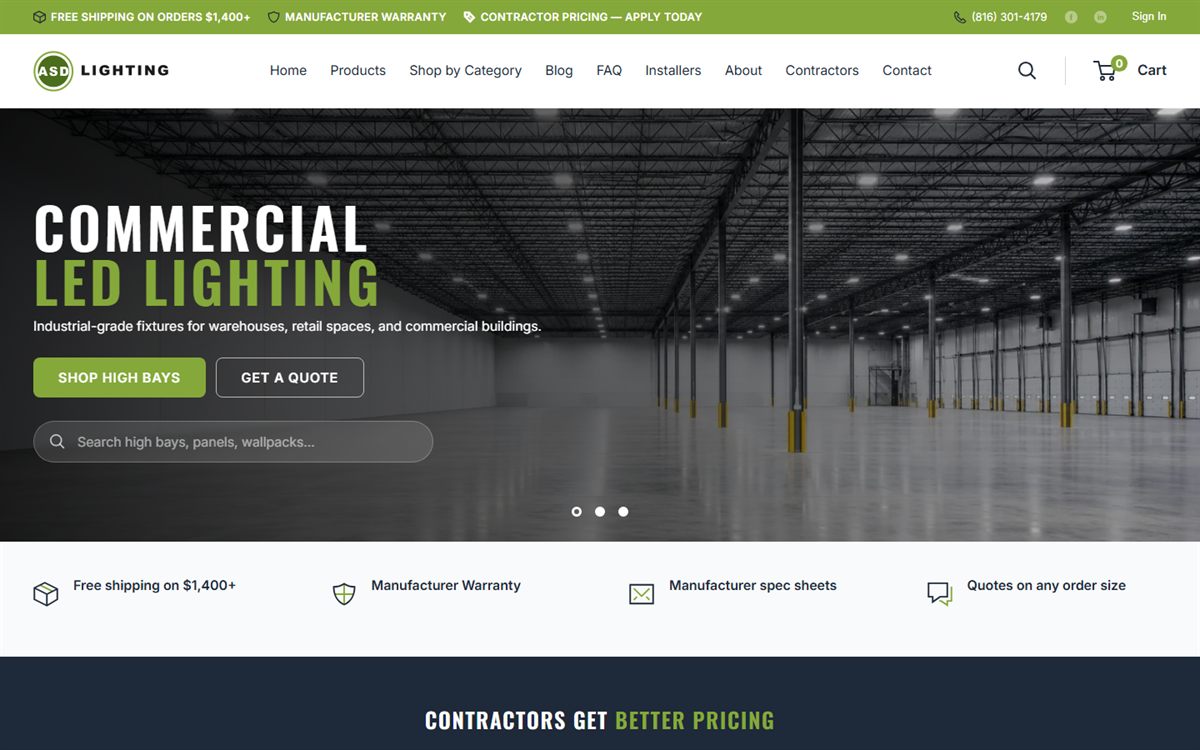 ASD Lighting home page — commercial LED lighting storefront