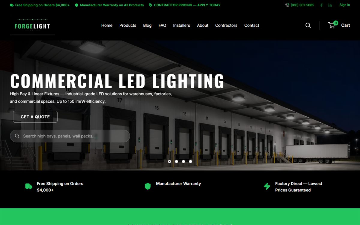 ForgeLight home page — factory-direct commercial LED lighting